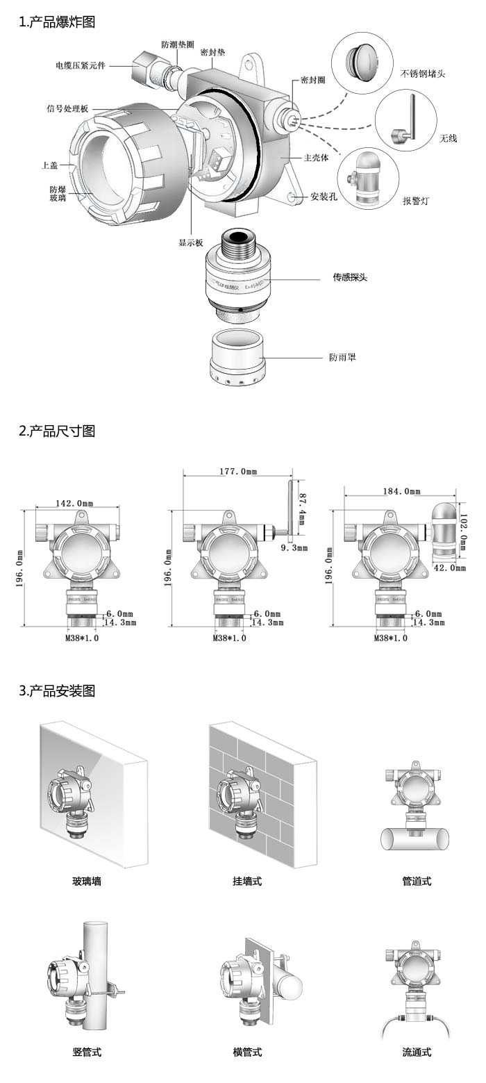 大眾固定在線式甲基丙烯酸甲酯氣體檢測儀不帶顯示型網絡版尺寸與安裝圖