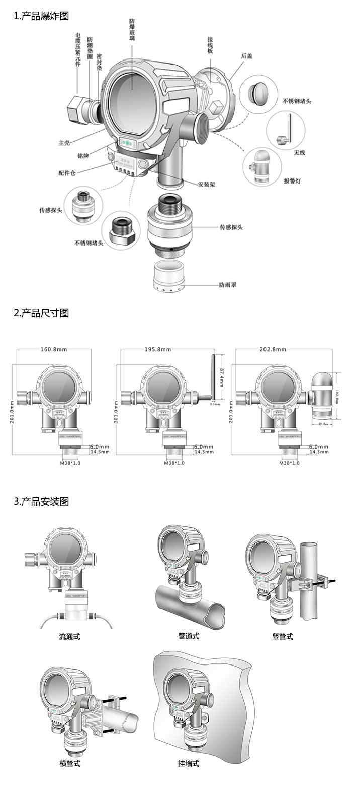 機氣貓固定在線式硝基乙烷氣體報警器型網絡版尺寸與安裝圖